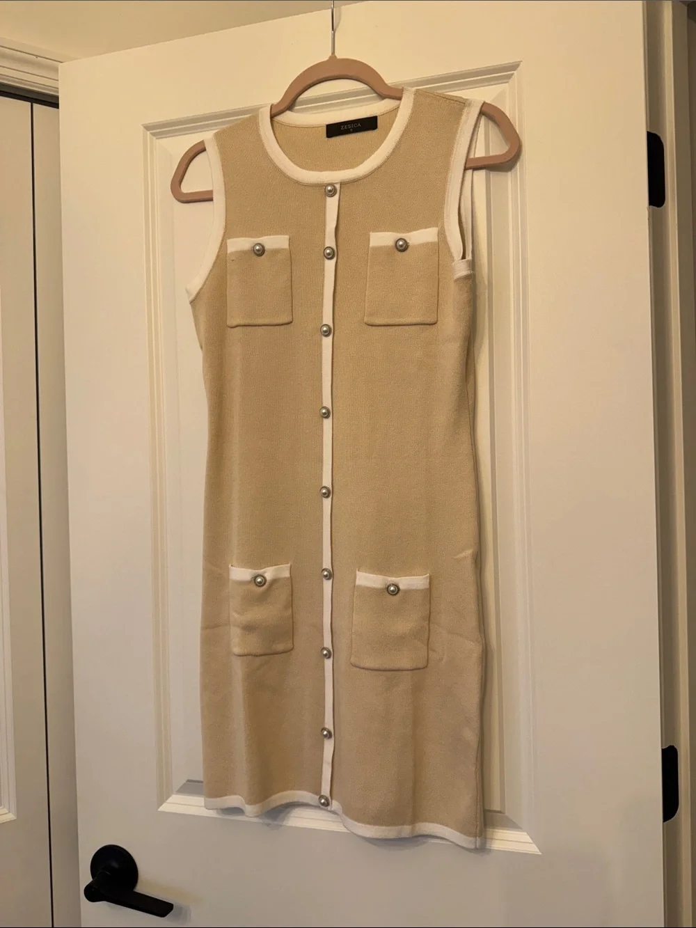 Zesica Beige Mini Knit Dress with White Trim